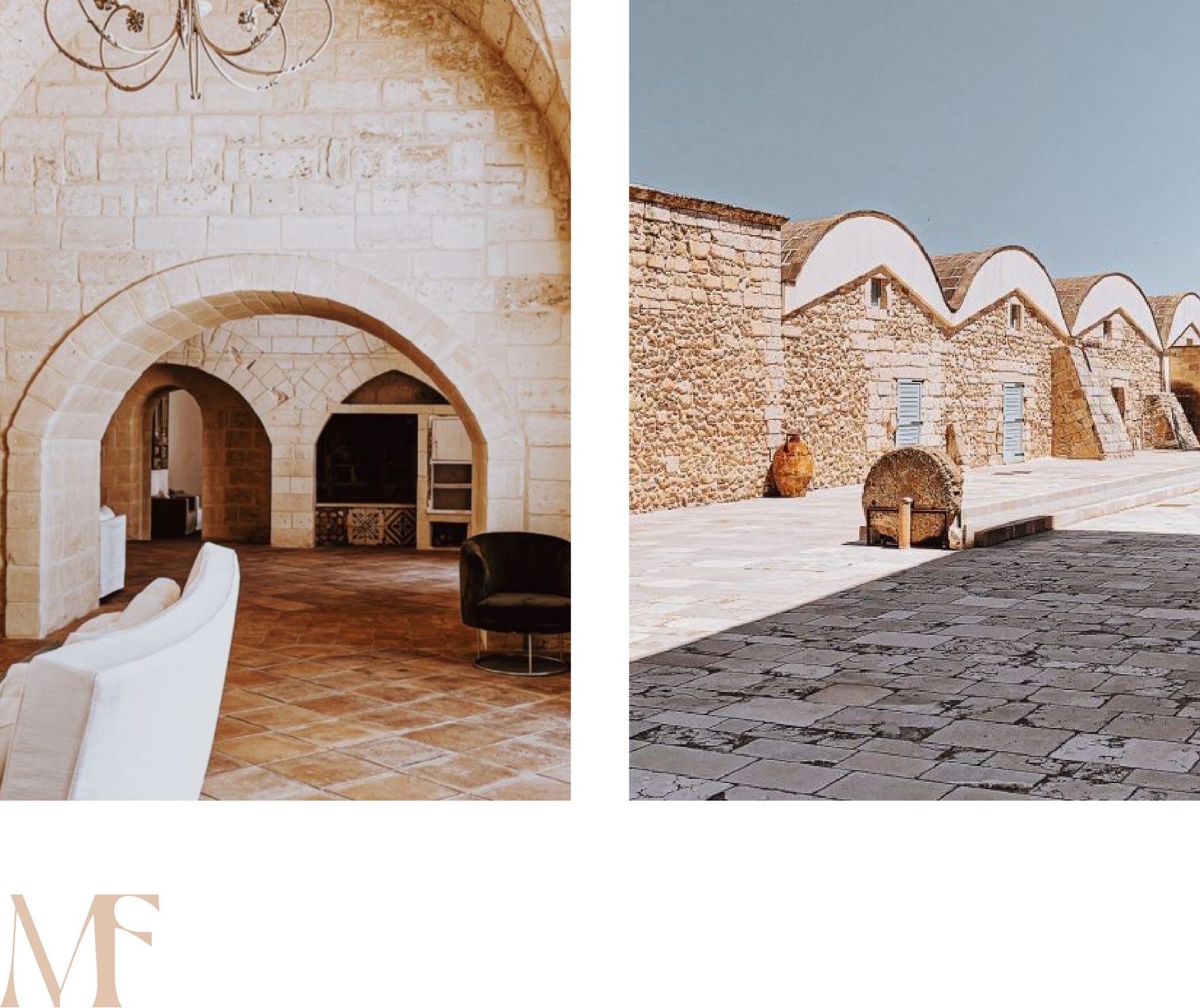 Interno con archi in pietra e esterno con le iconiche volte della Masseria Francescani nel cuore del Salento