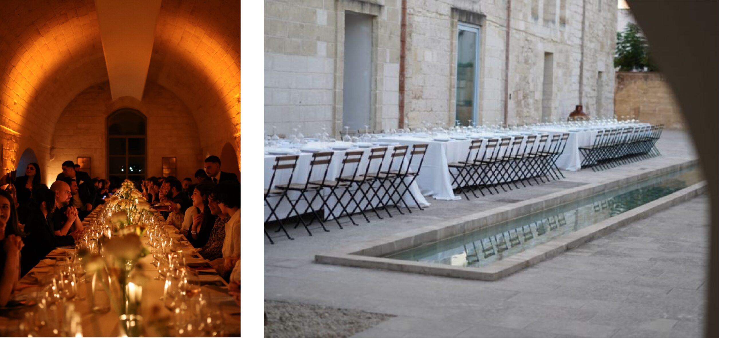 Tavolate allestite all’interno e all’esterno della Masseria Francescani per un evento serale